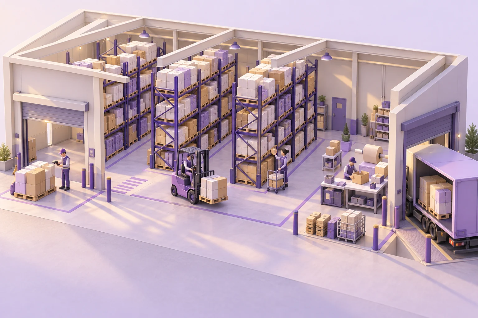 Illustrated distribution operations, showing purchase order, receive stock, pick & deliver, collect payment