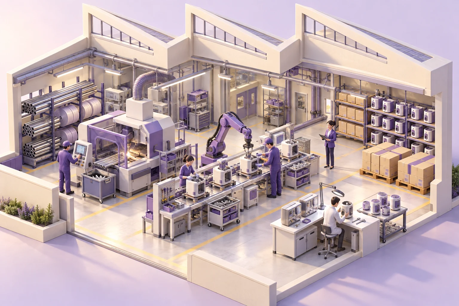 Illustrated manufacturing operations, showing materials & bom, work order, production & quality, finished goods
