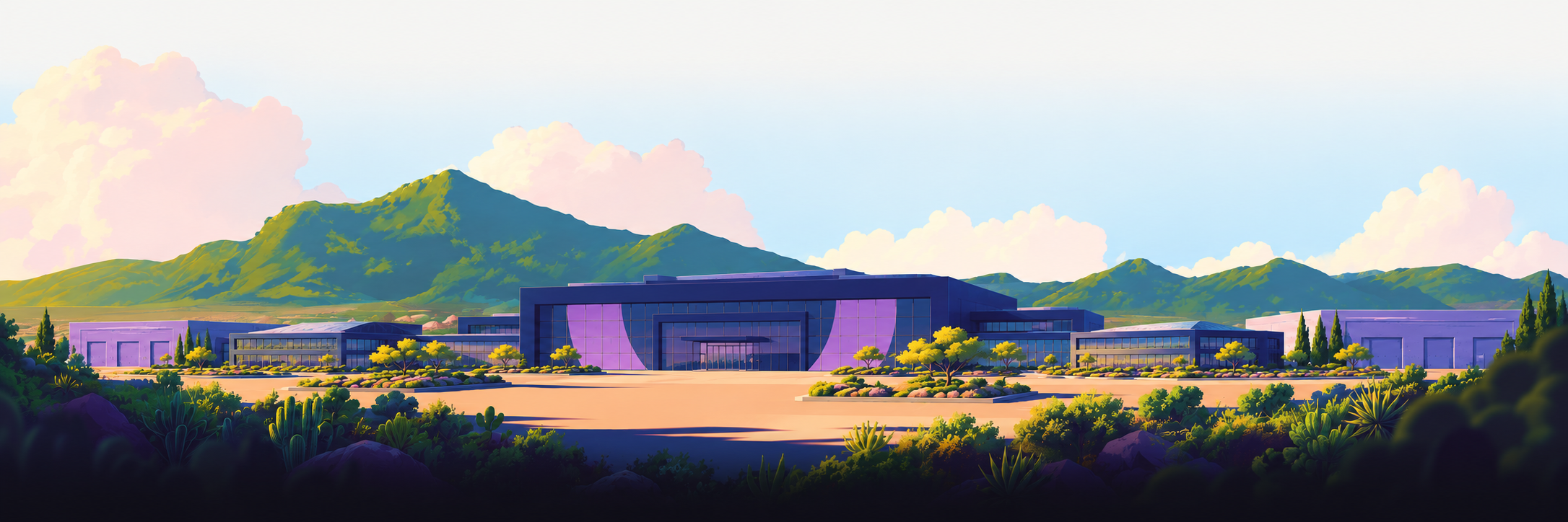An illustrated purple business campus at golden hour