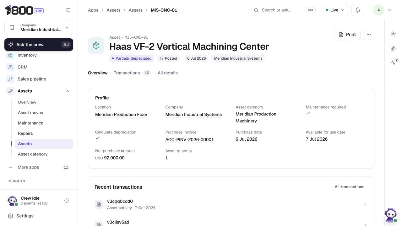 CNC machine acquisition and depreciation, actual 1800 ERP product