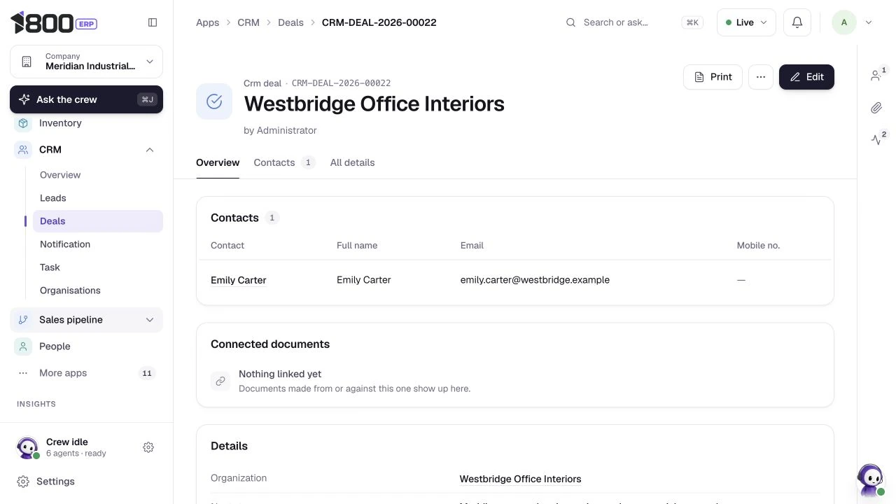 Westbridge commercial opportunity, actual 1800 ERP product
