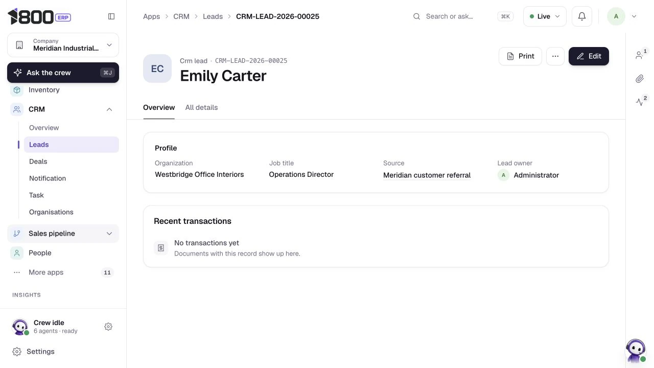 Emily Carter qualified lead, actual 1800 ERP product