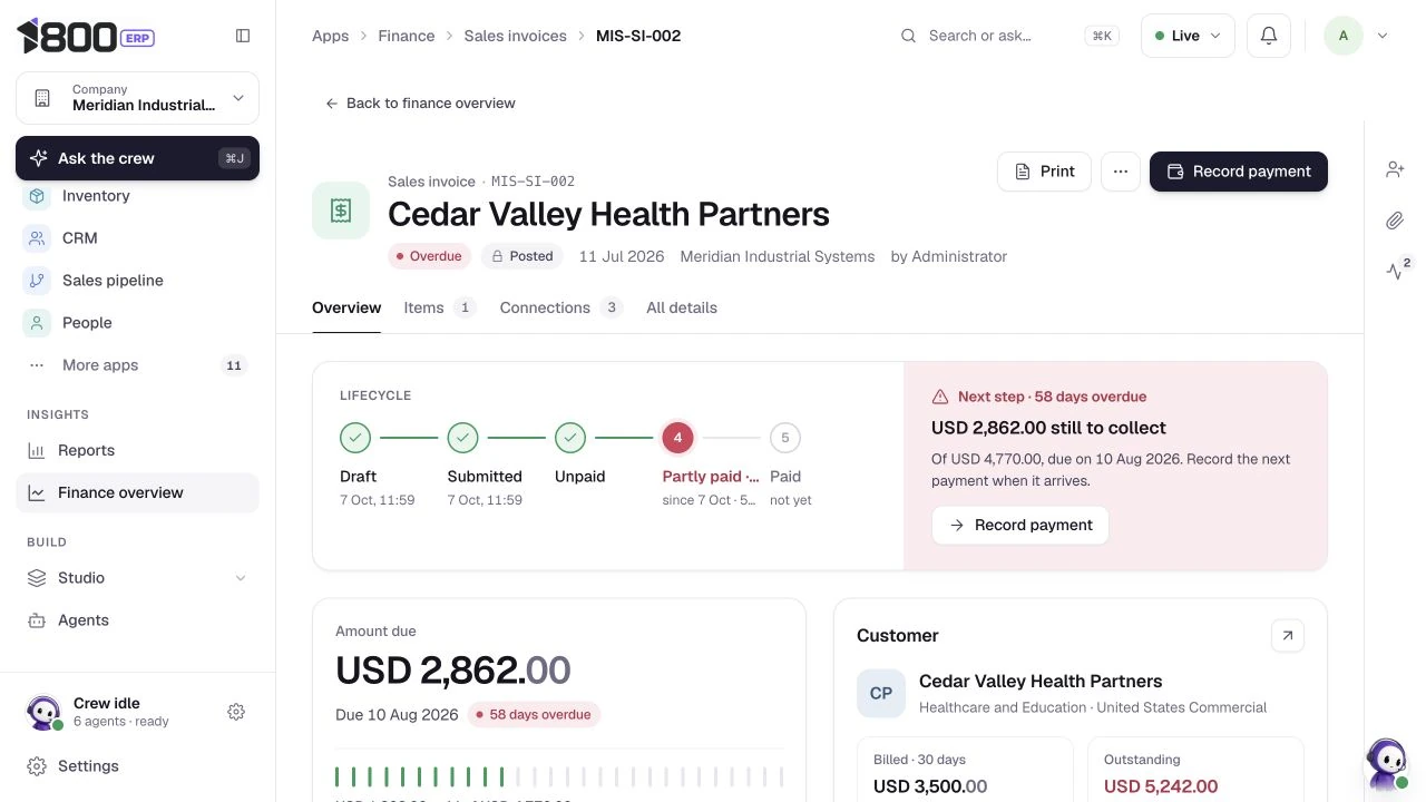 Invoice balances, payments and the next action, actual 1800 ERP product