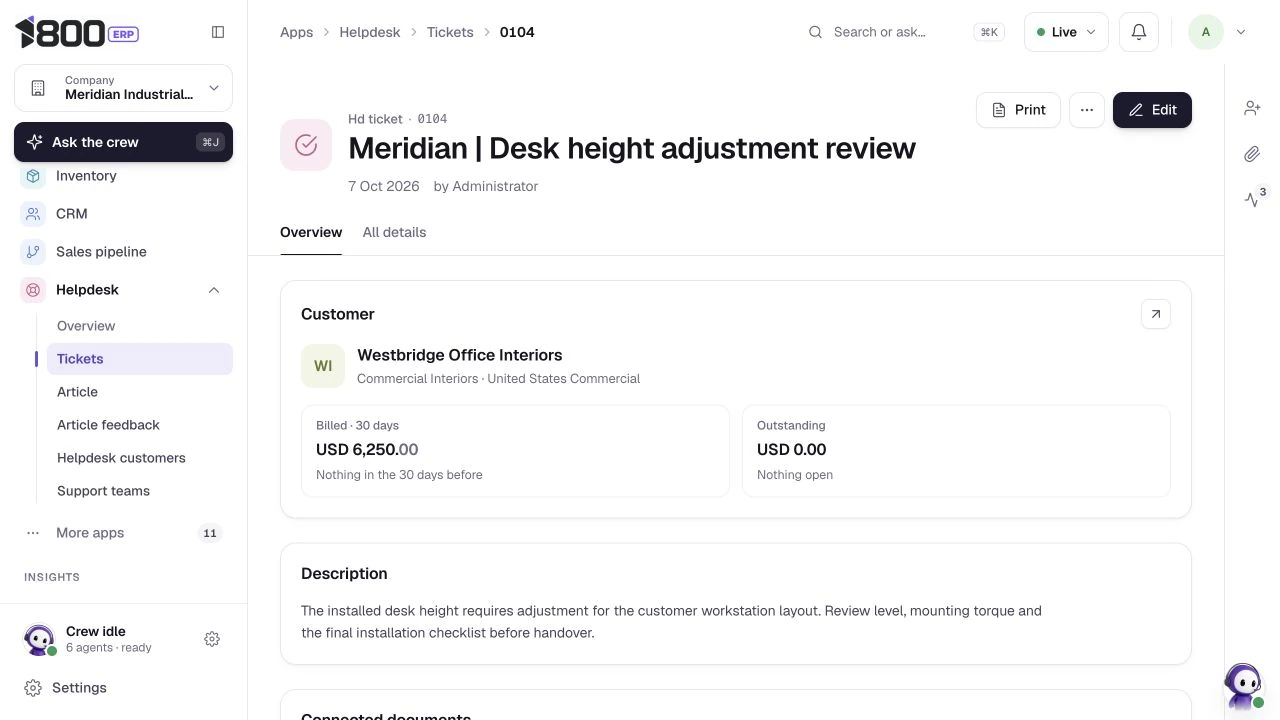 High-priority desk adjustment request, actual 1800 ERP product