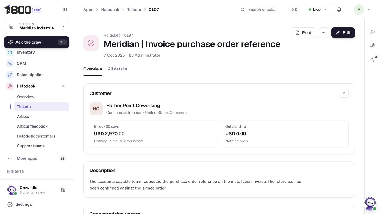 Resolved invoice reference request, actual 1800 ERP product