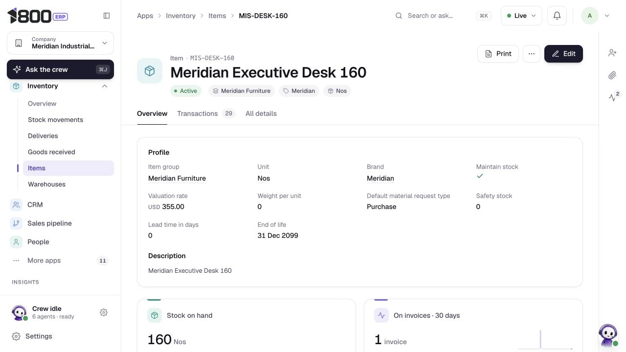 A product record connected to prices, stock and suppliers, actual 1800 ERP product