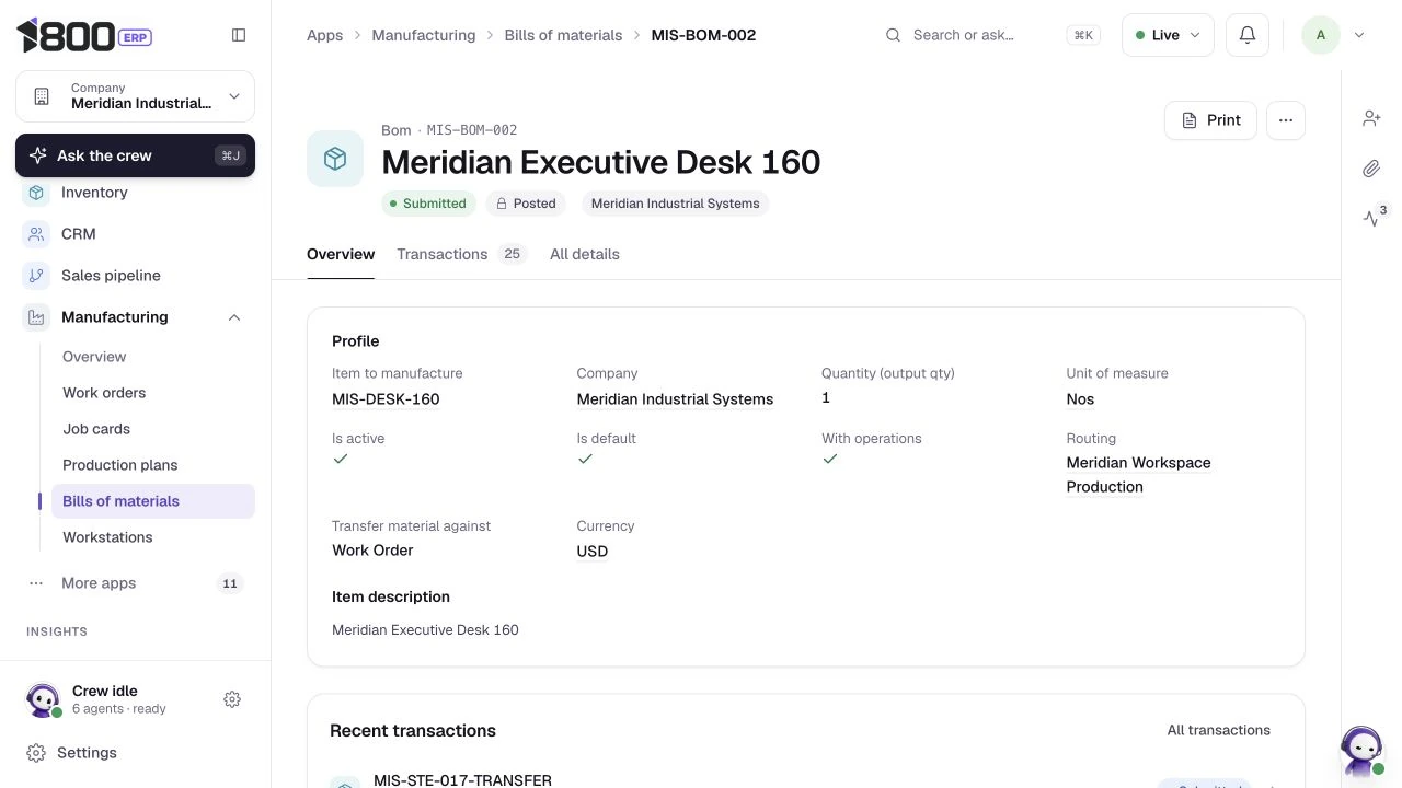 Materials and operations behind the finished product, actual 1800 ERP product