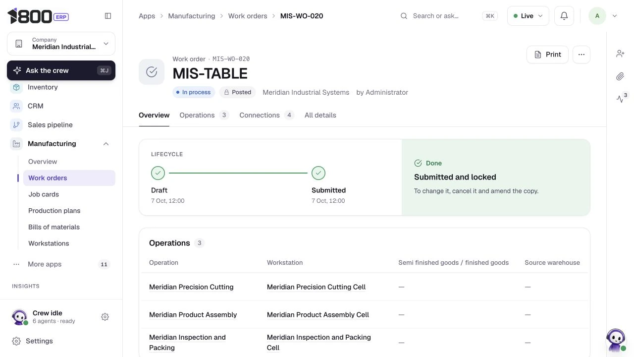Follow an active work order from material transfer to completion, actual 1800 ERP product