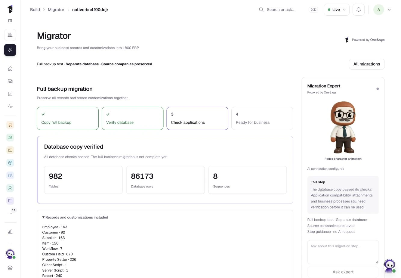 Review database verification and the remaining application checks, actual 1800 ERP product, Native test workspace