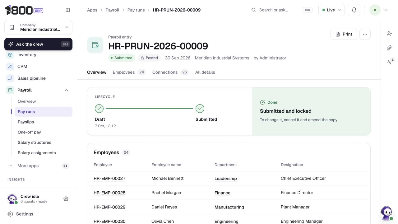 September payroll run, actual 1800 ERP product