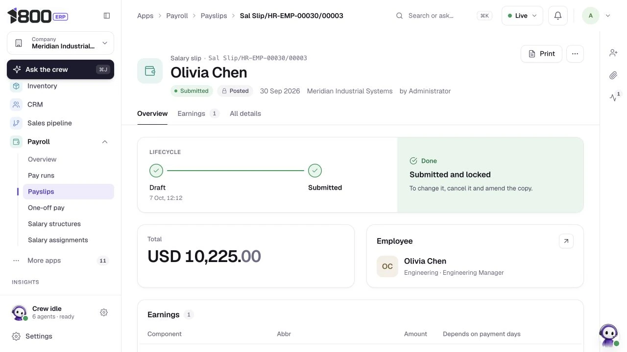 Olivia Chen September salary slip, actual 1800 ERP product