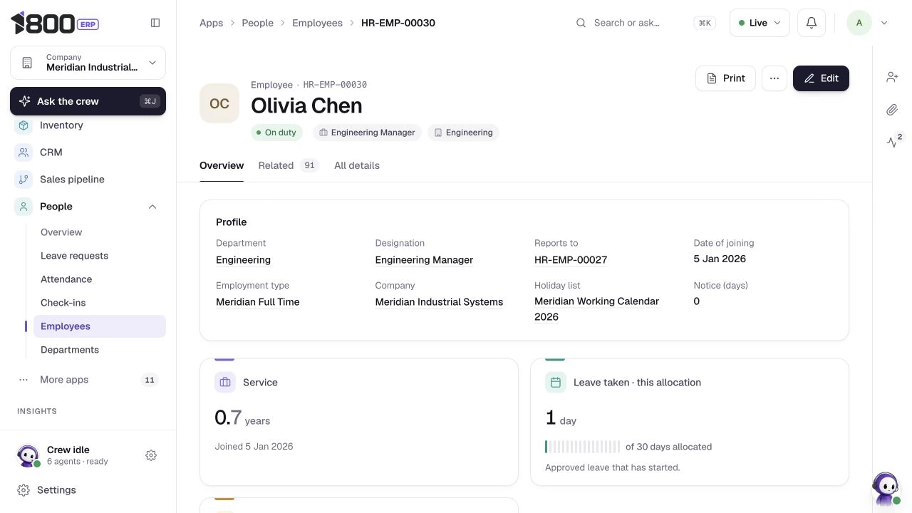 Olivia Chen employee profile, actual 1800 ERP product
