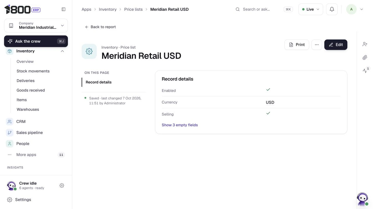 USD selling price list, actual 1800 ERP product