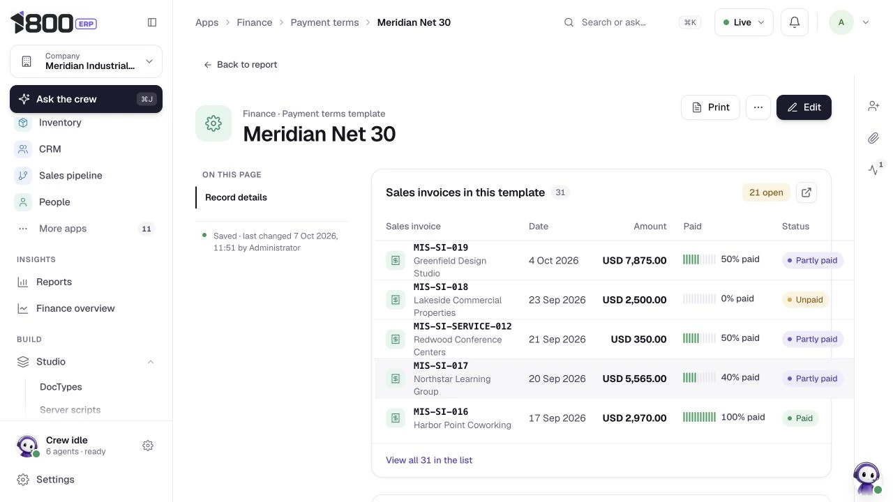 Meridian payment terms, actual 1800 ERP product