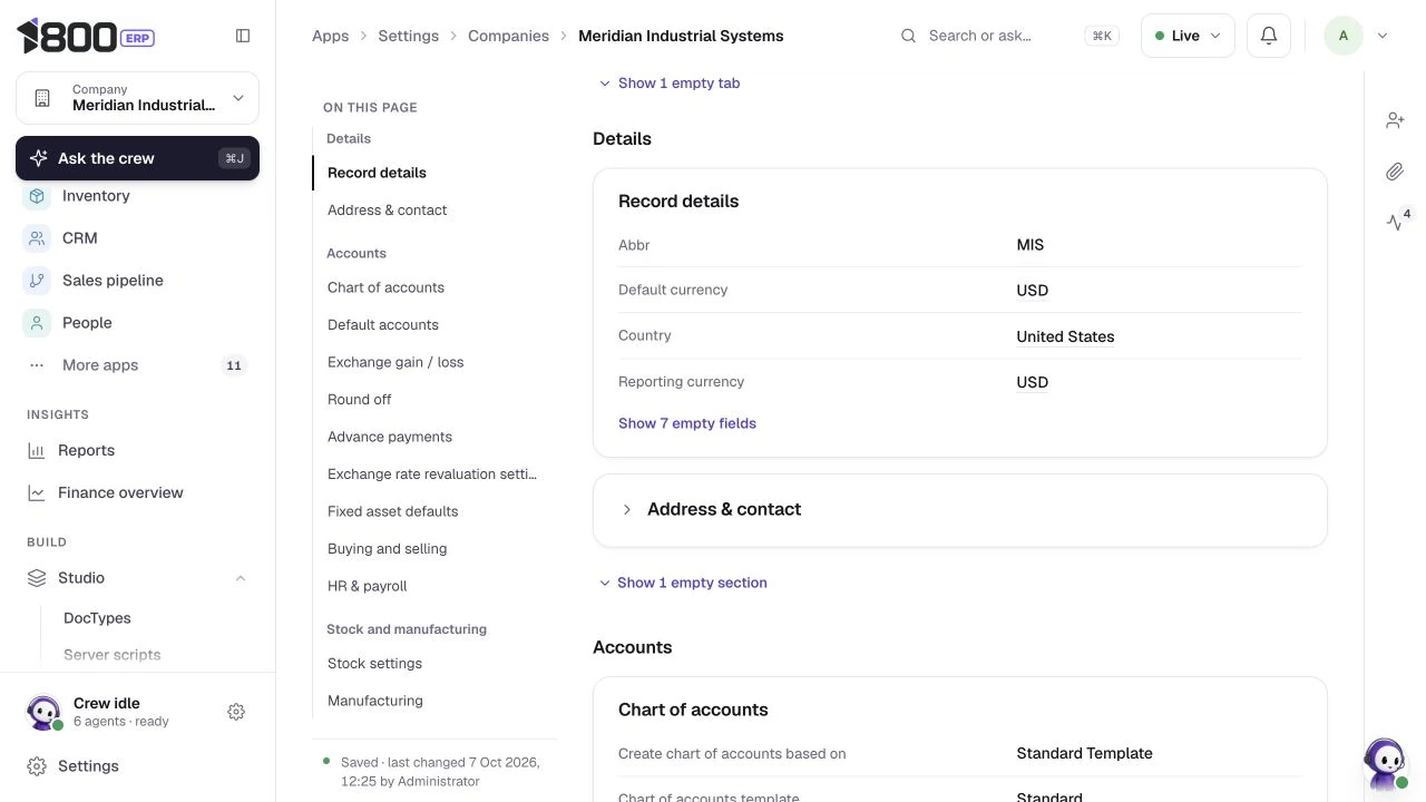 Meridian company settings, actual 1800 ERP application, Meridian Industrial Systems